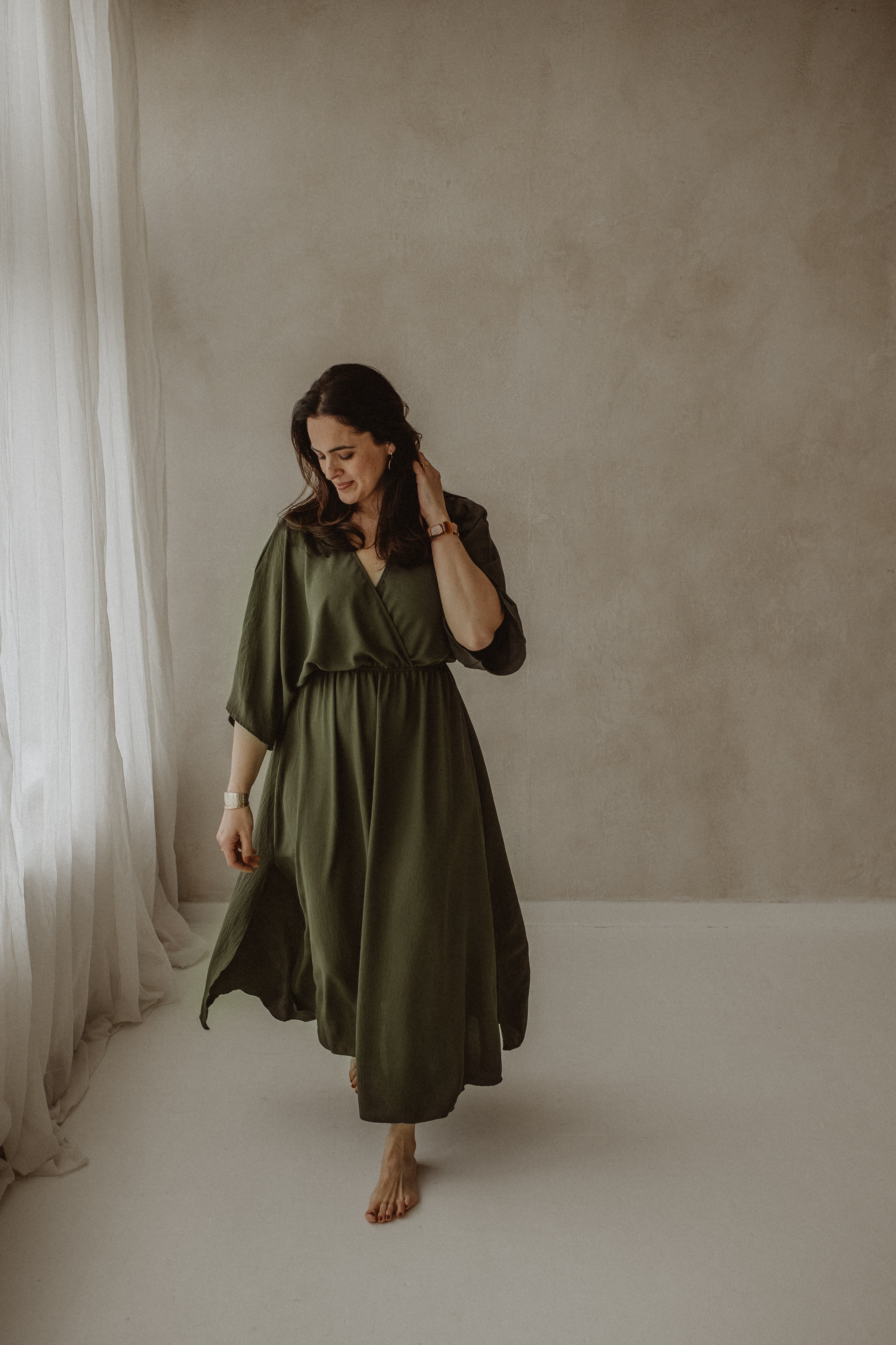 green army style dress Army Green Polyester Midi Shirtwaist Dress - Pleated Waist, Short Sleeve 3703