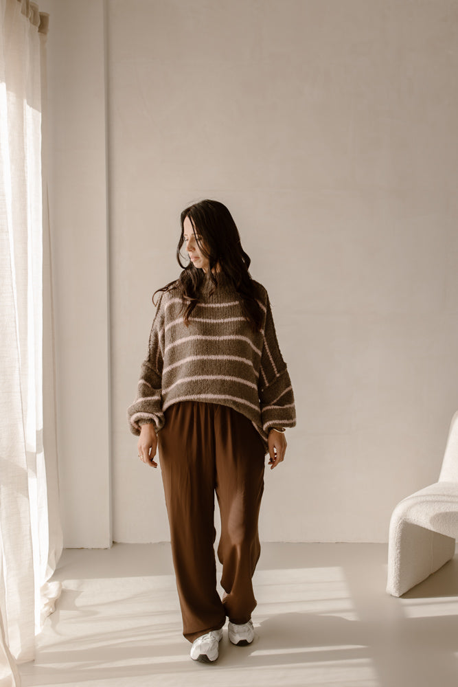 Trui maan stripe  Taupe/Roze