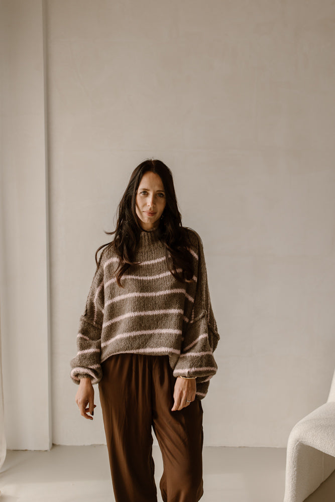 Trui maan stripe  Taupe/Roze